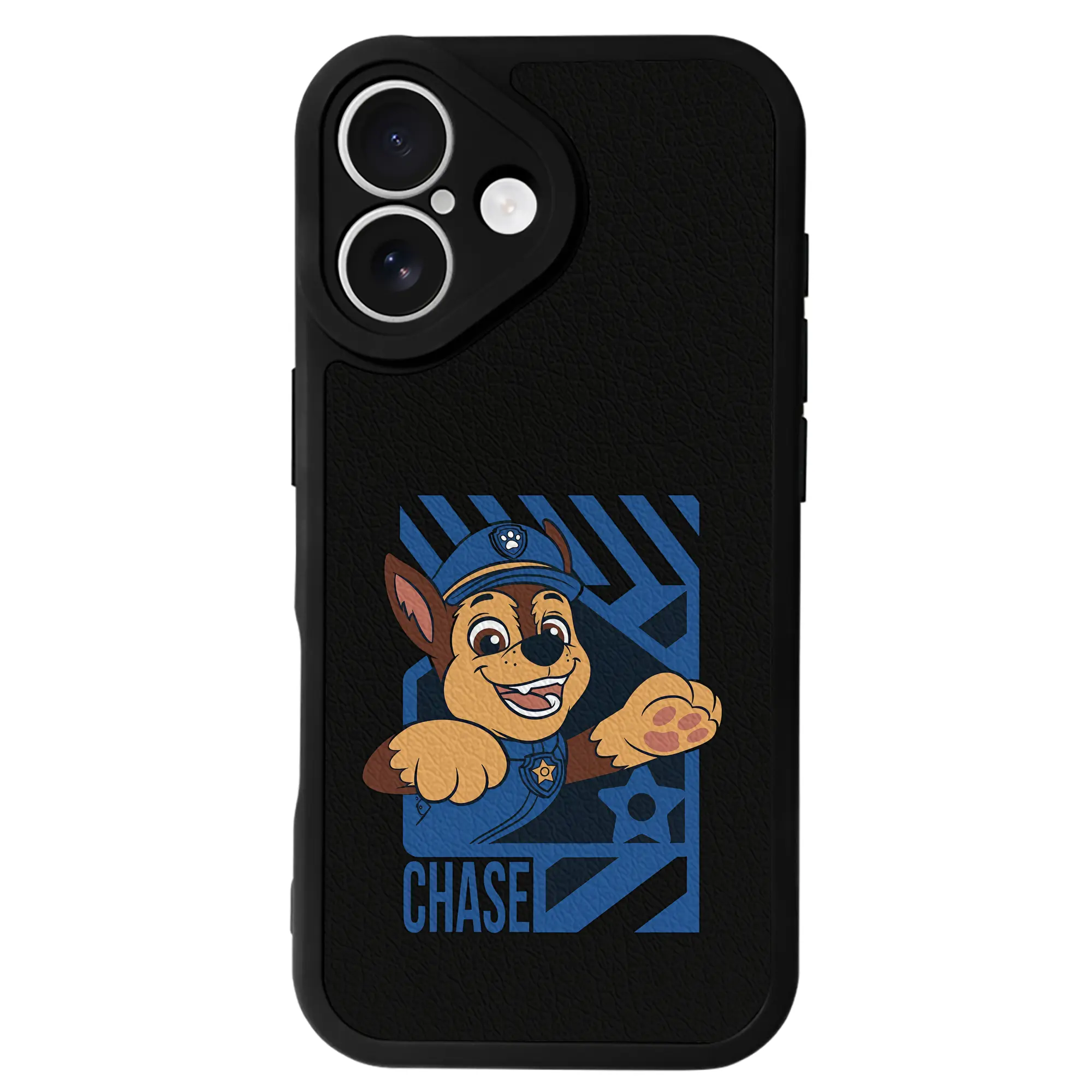 パウ・パトロール グッズ チェイス - IPhone 16シリーズ対応 ・ シリコンスマホケース ・ レザー調 ・ 高精度フィット ・ 耐衝撃 ・ ワイヤレス充電対応 ・ 精密カット